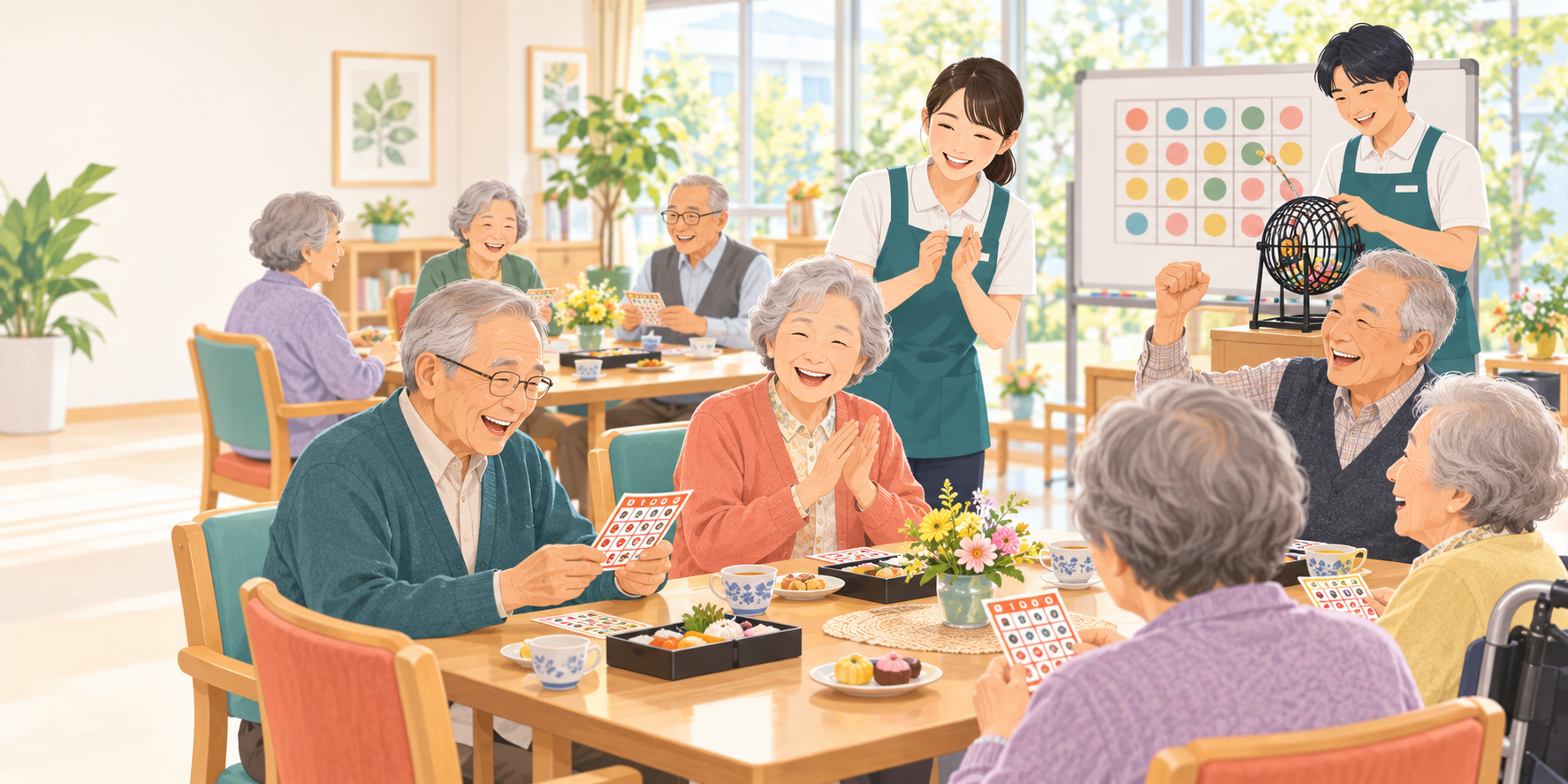 横浜の介護・福祉施設で高齢者レクリエーションのビンゴ大会を楽しむ入居者とスタッフ